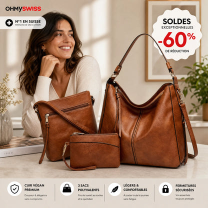 Borsa Hobo in pelle di lusso, set da 3 pezzi OHMYSWISS