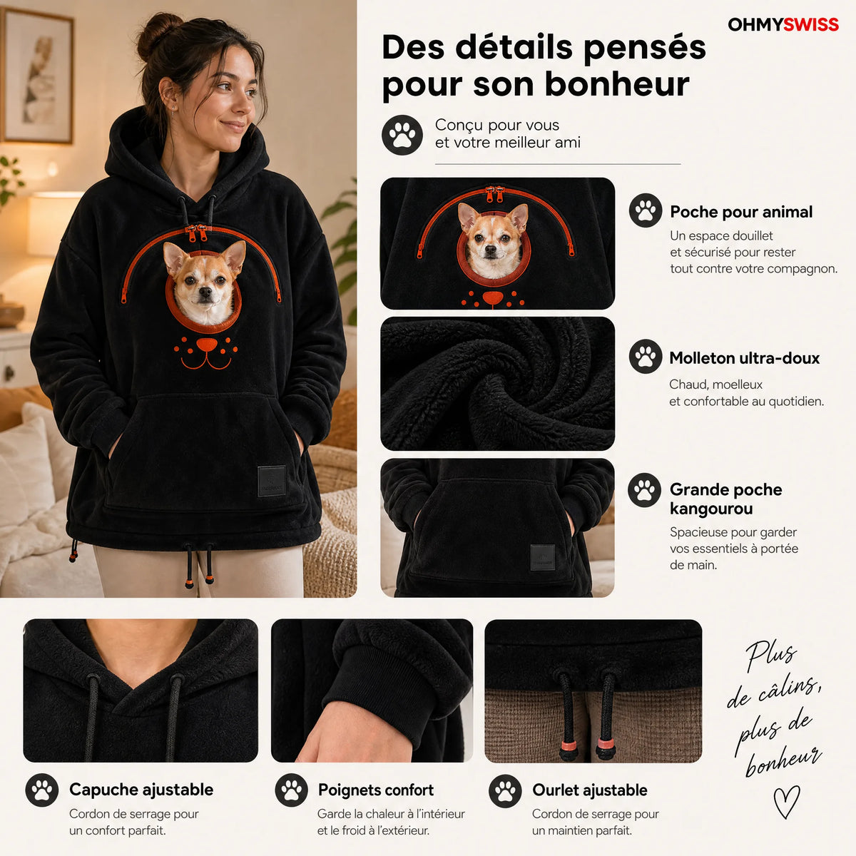 Felpa con cappuccio Sherpa per trasportare animali – Trasporta il tuo amico a quattro zampe a mani libere OHMYSWISS