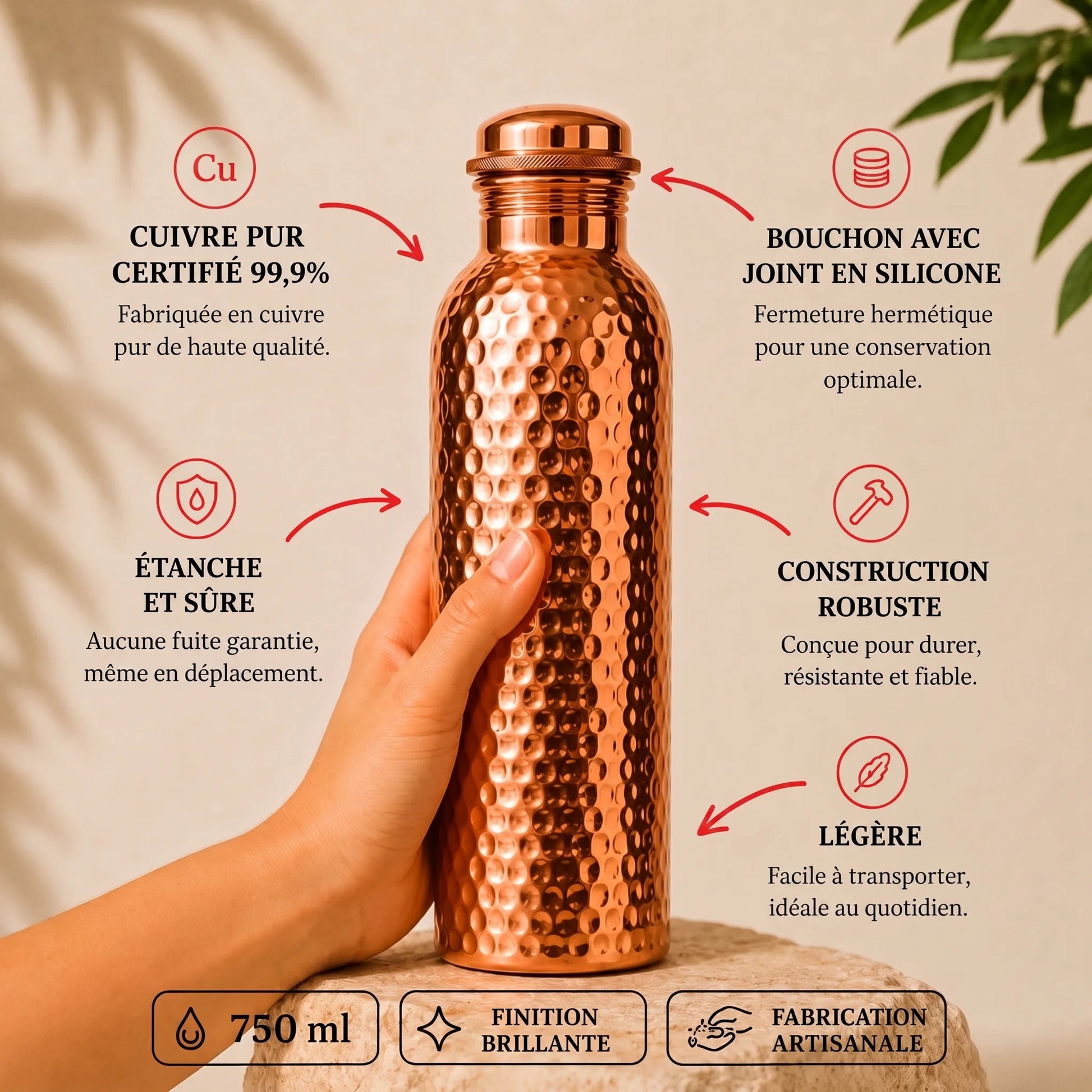 Trinkflasche aus 99,9 % reinem Kupfer – Ayurveda-Ritual von OHMYSWISS