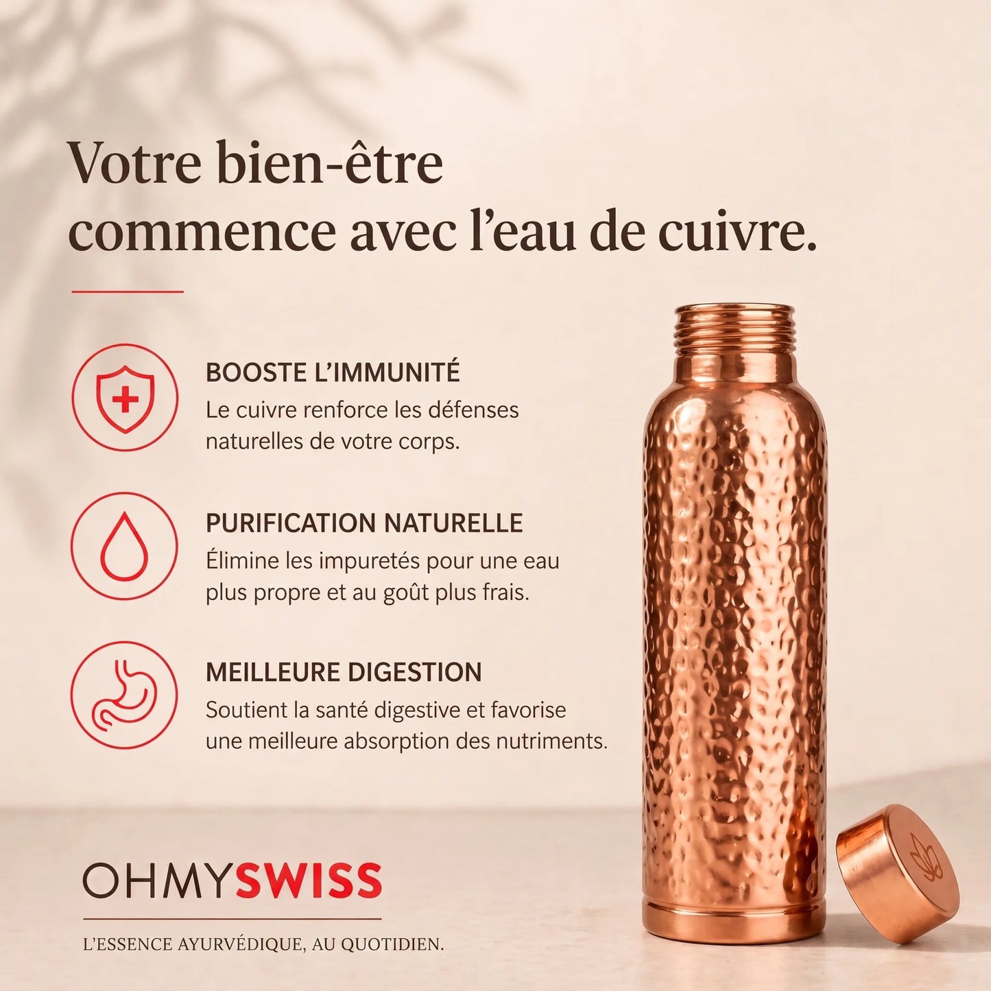 Trinkflasche aus 99,9 % reinem Kupfer – Ayurveda-Ritual von OHMYSWISS