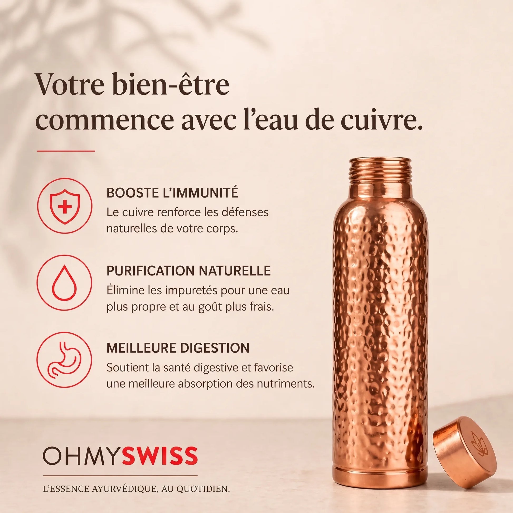 Trinkflasche aus 99,9 % reinem Kupfer – Ayurveda-Ritual von OHMYSWISS