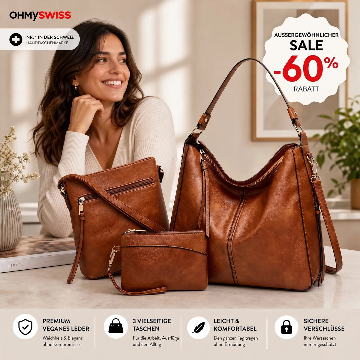 Set da 3 pezzi con borsa Hobo in pelle di lusso OHMYSWISS