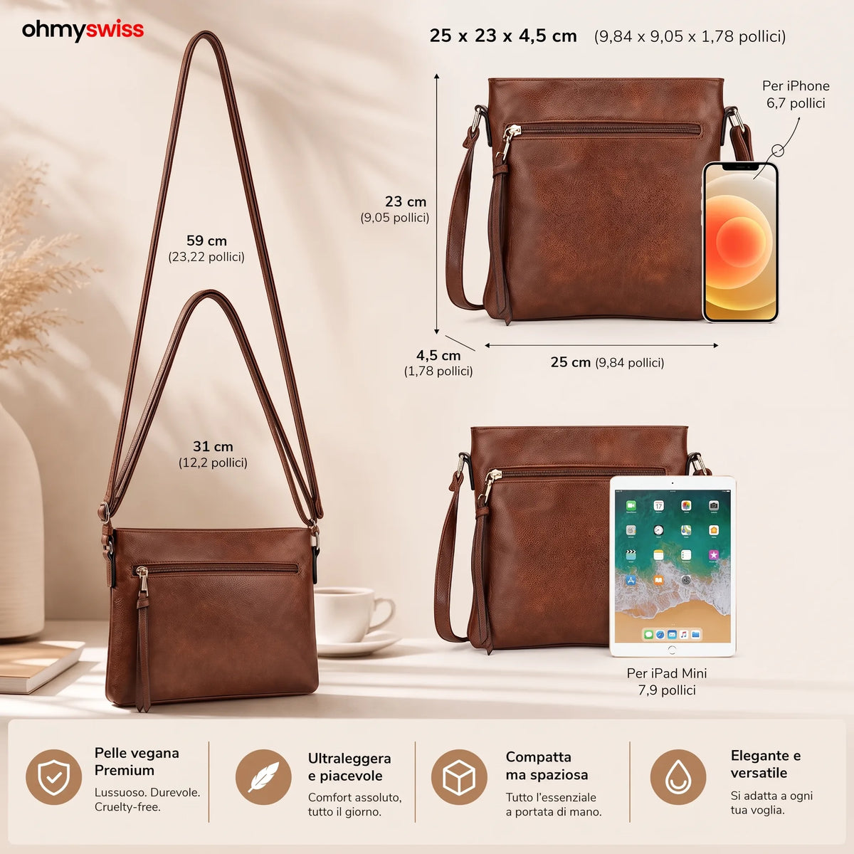 Borsa Hobo in pelle di lusso, 3 pezzi, OHMYSWISS