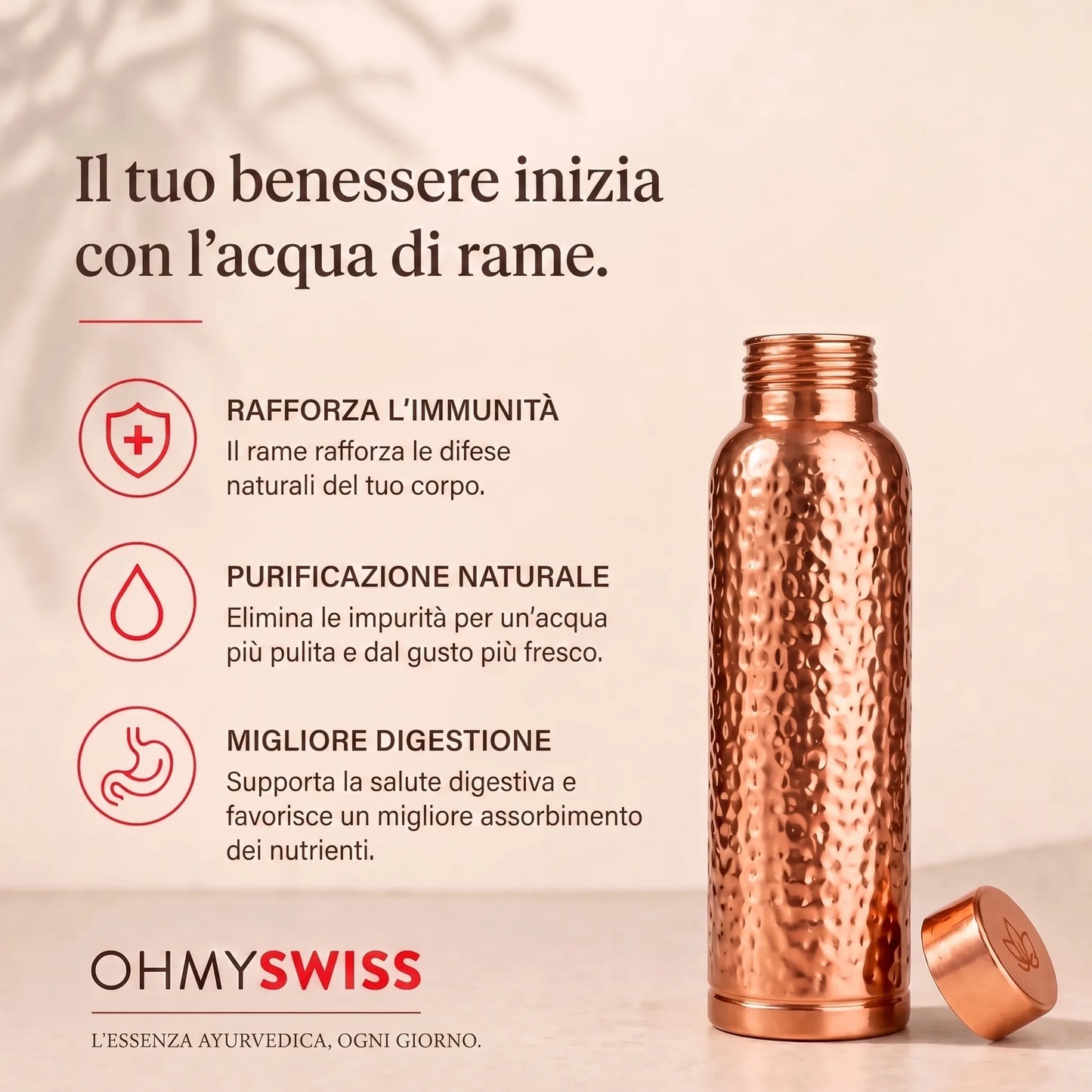 Borraccia in rame puro al 99,9% – Rituale ayurvedico OHMYSWISS