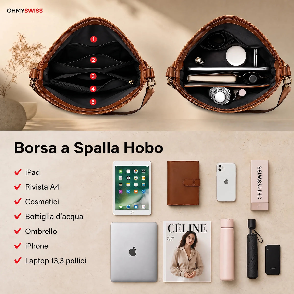 Borsa Hobo in pelle di lusso, 3 pezzi, OHMYSWISS