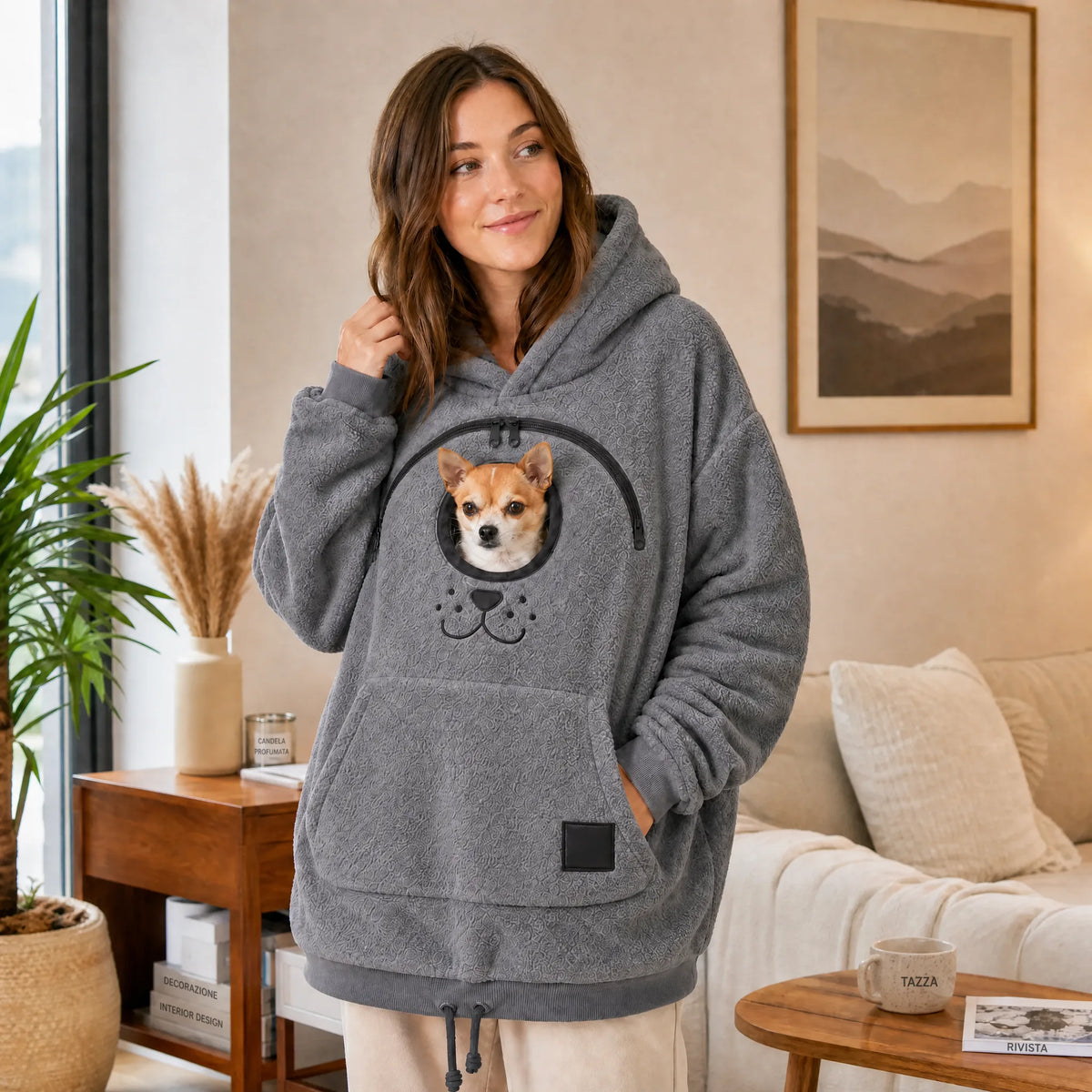 Sherpa-Kapuzenpullover mit Tiertransporttasche – Transportiere deinen Vierbeiner mit freien Händen OHMYSWISS