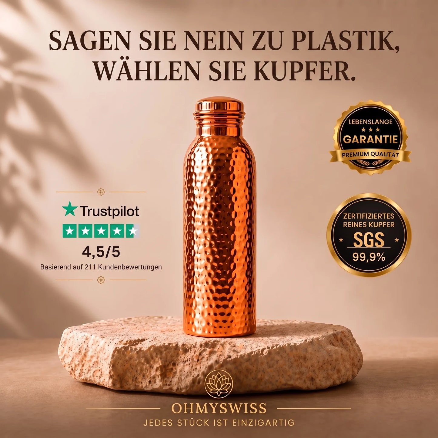 Borraccia in rame puro al 99,9% – Rituale ayurvedico OHMYSWISS