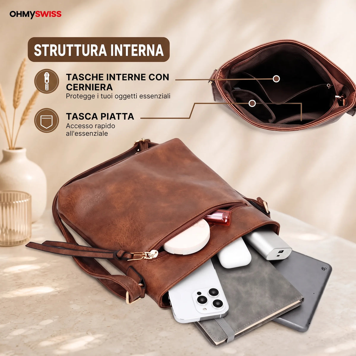 Borsa Hobo in pelle di lusso, 3 pezzi, OHMYSWISS