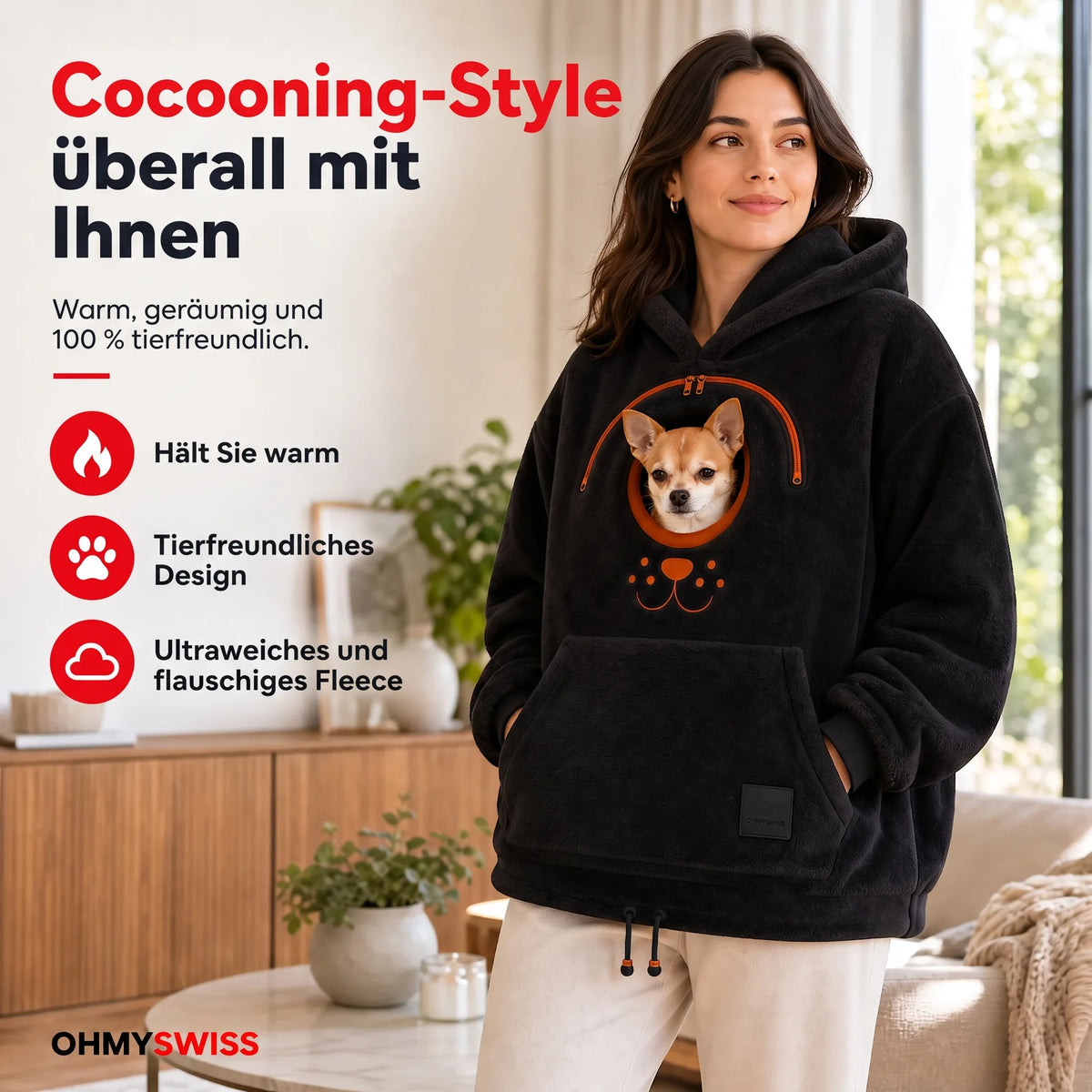 Maglione con tasca in sherpa a forma di animale – Mani libere, l’animale sempre vicino OHMYSWISS