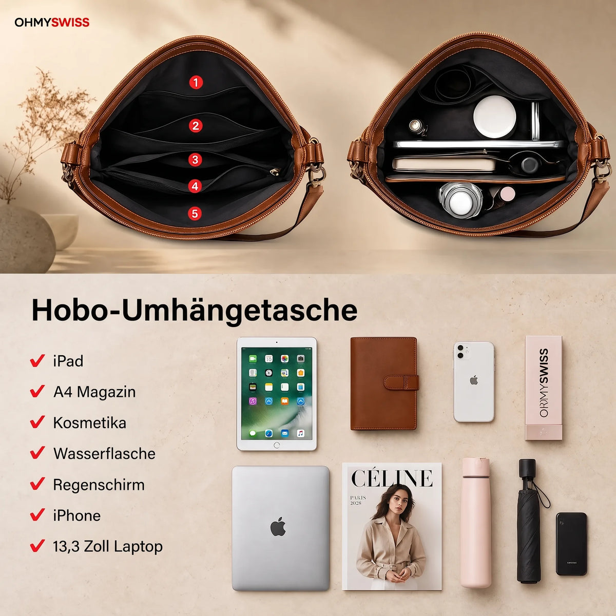 Set da 3 pezzi con borsa Hobo in pelle di lusso OHMYSWISS