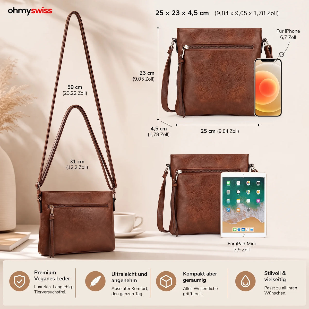 Set da 3 pezzi con borsa Hobo in pelle di lusso OHMYSWISS