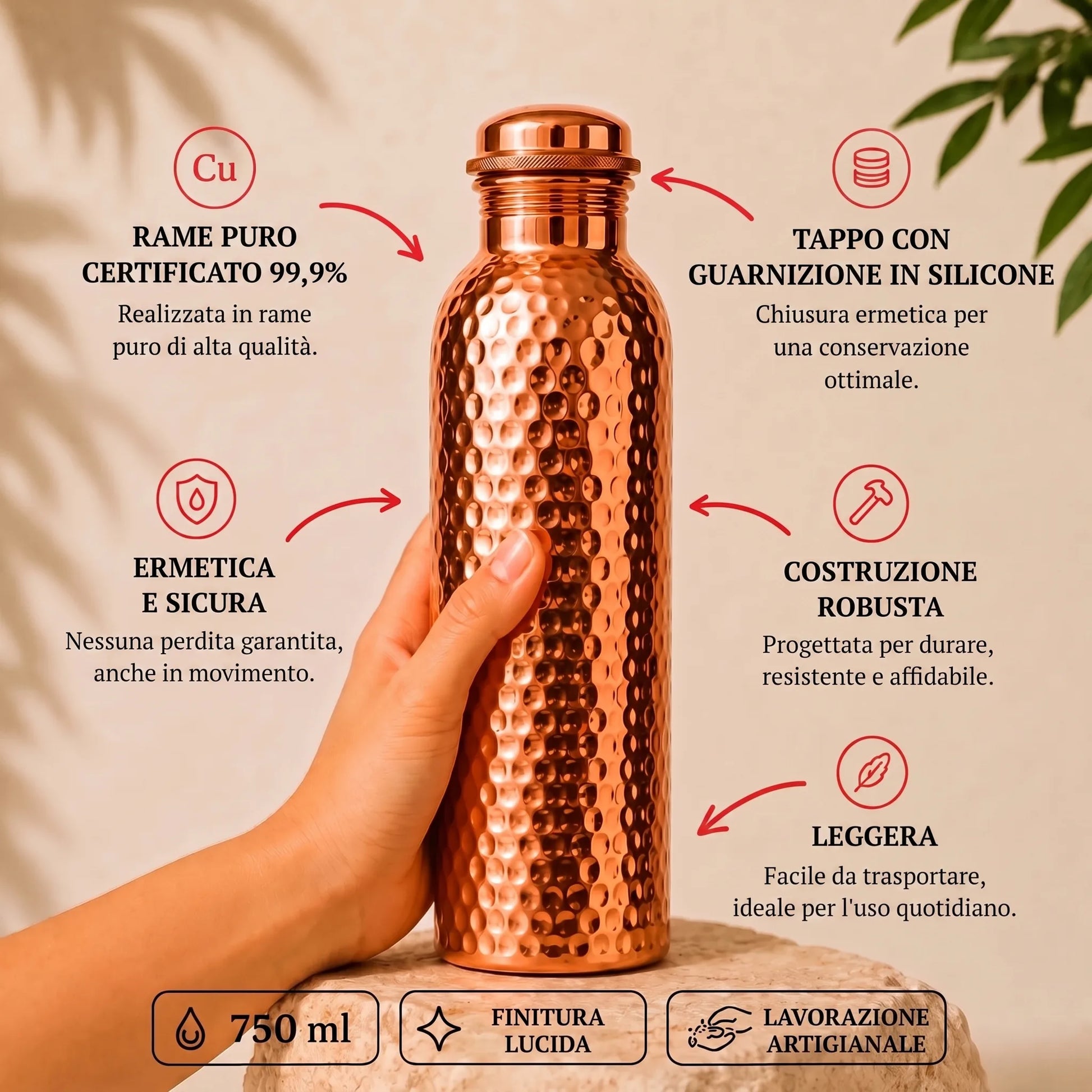 Borraccia in rame puro al 99,9% – Rituale ayurvedico OHMYSWISS
