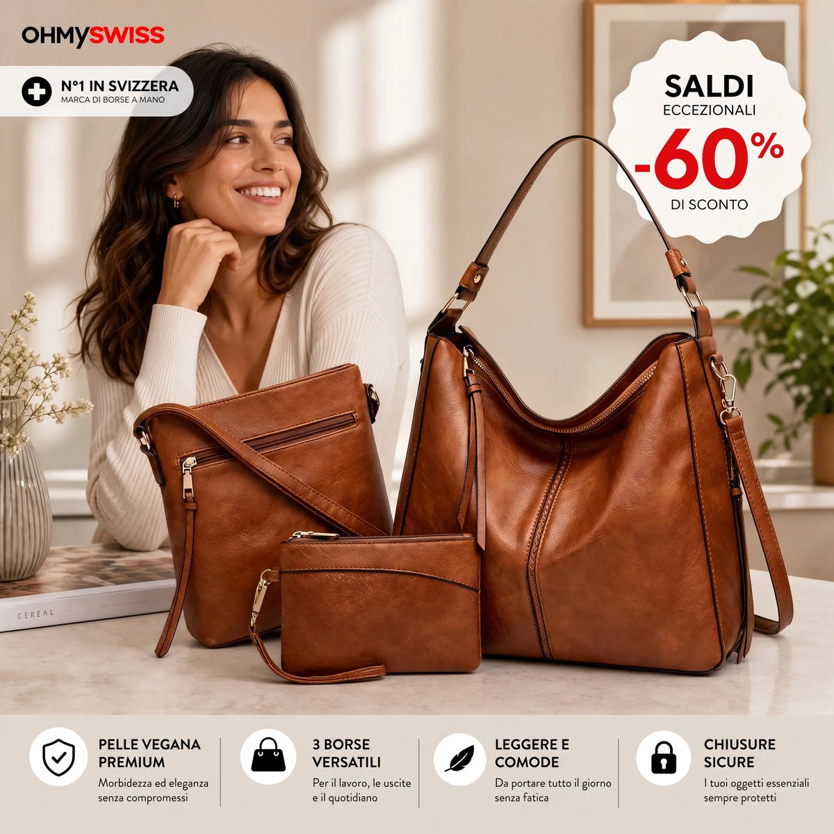 Borsa Hobo in pelle di lusso, 3 pezzi, OHMYSWISS