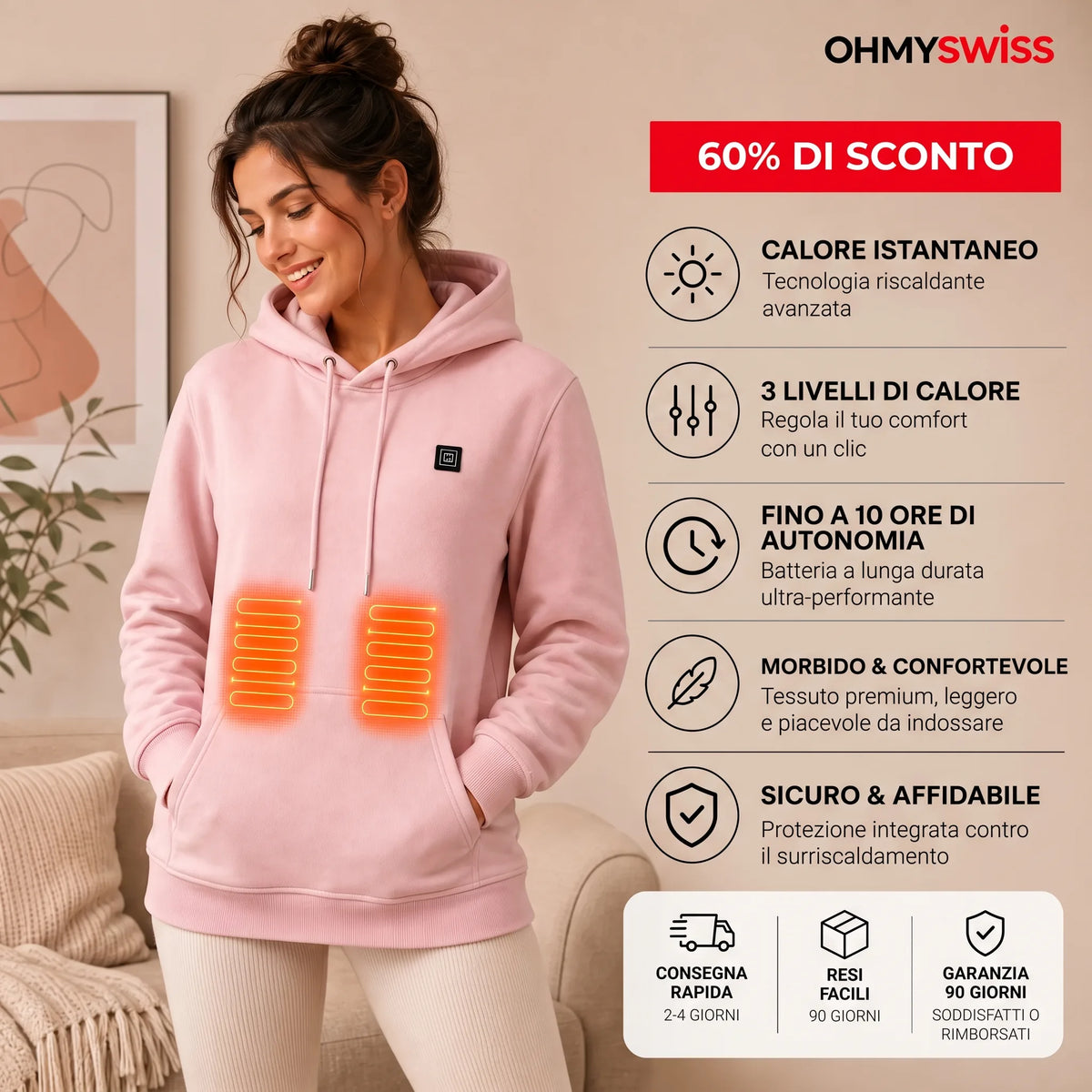 Felpa con cappuccio riscaldante Premium OHMYSWISS