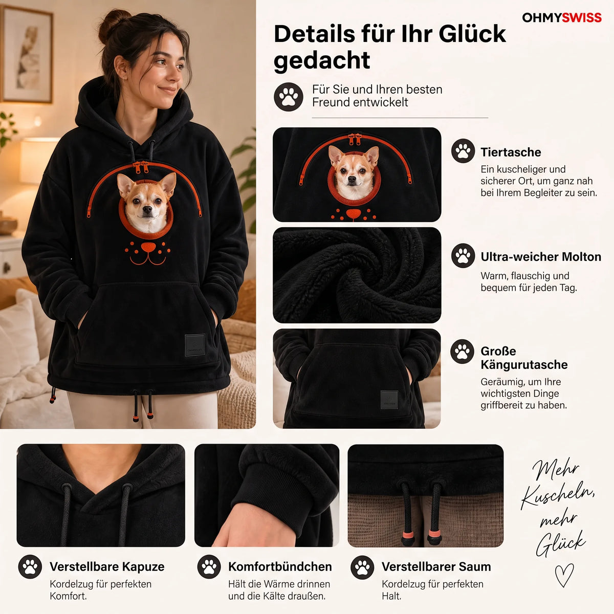 Maglione con tasca in sherpa a forma di animale – Mani libere, l’animale sempre vicino OHMYSWISS