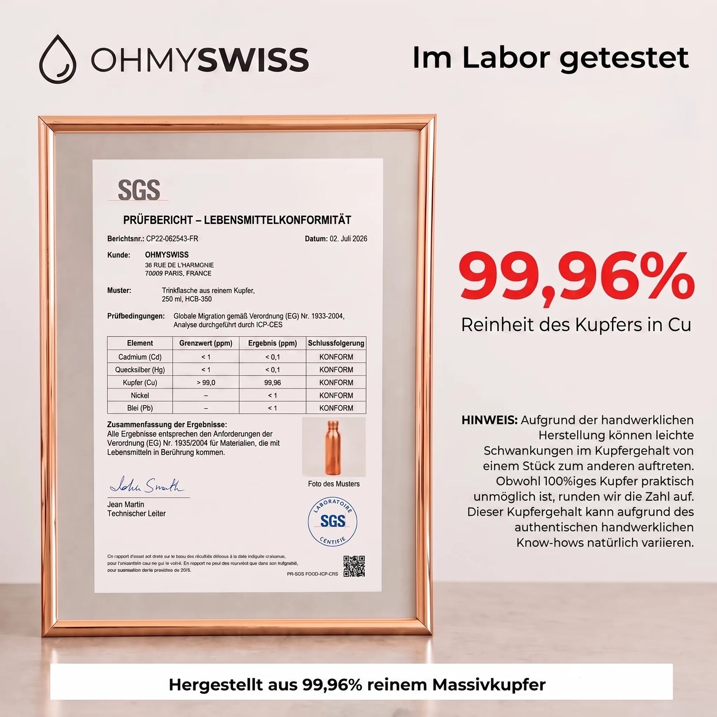 Borraccia in rame puro al 99,9% – Rituale ayurvedico OHMYSWISS